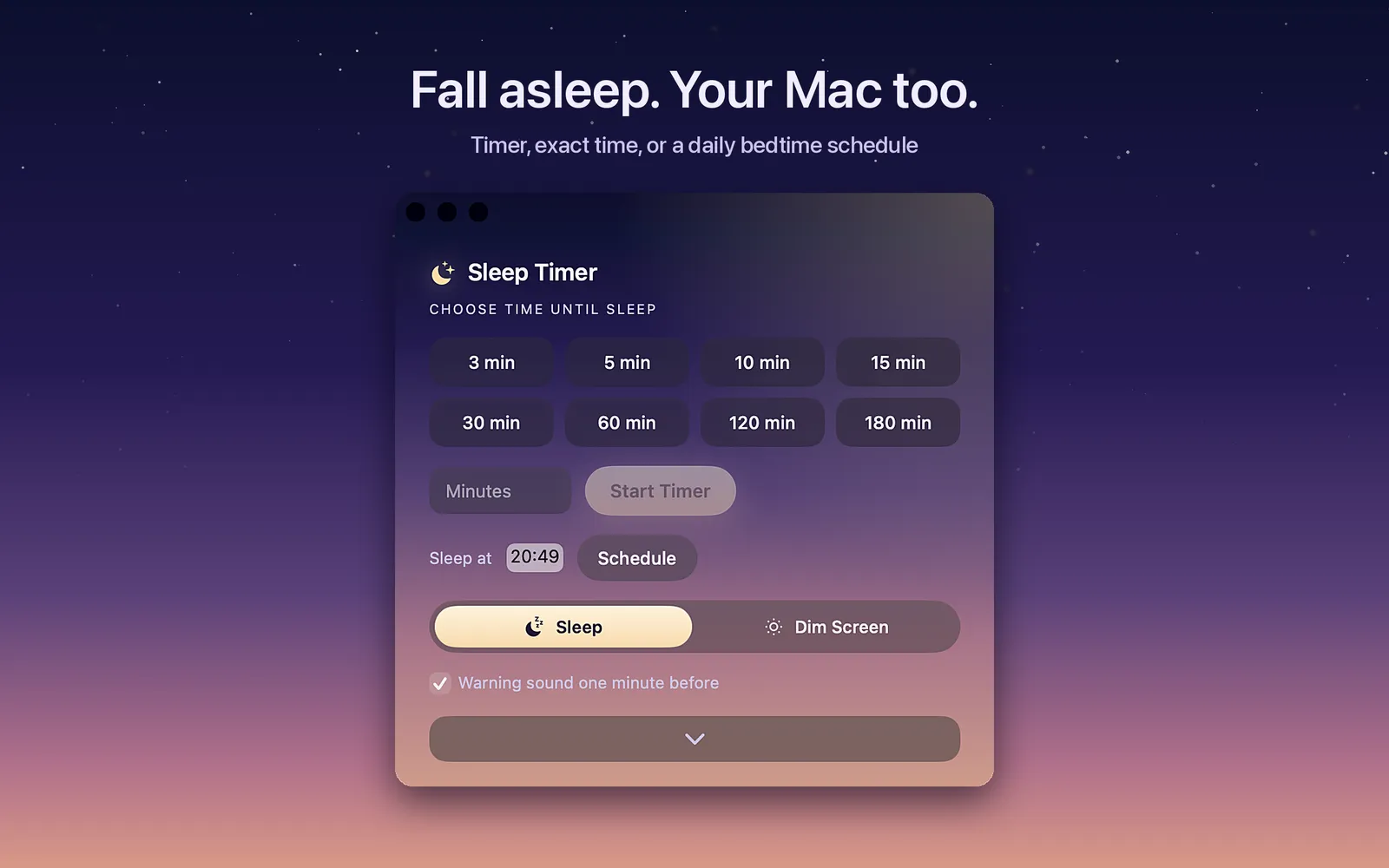Sleep Timer main window with presets and a dawn Start button, over the night-to-dawn gradient