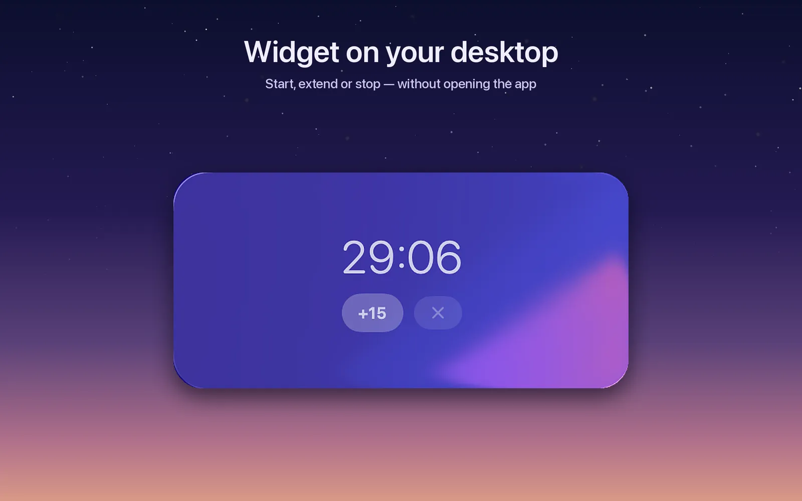 Sleep Timer desktop widget with Start 30 min, +15 and Stop buttons