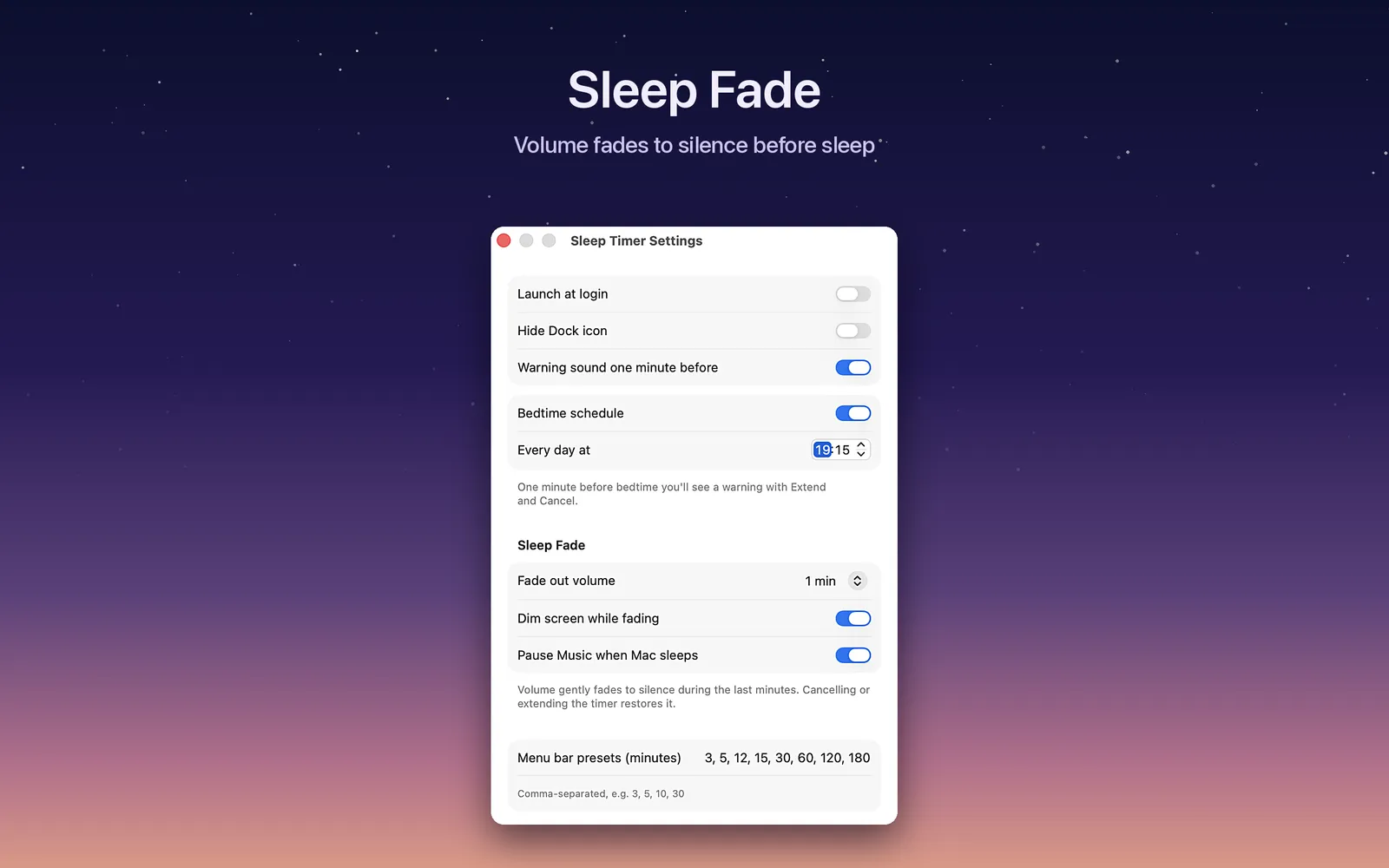 Sleep Fade settings with fade duration, screen dimming and Apple Music pause options